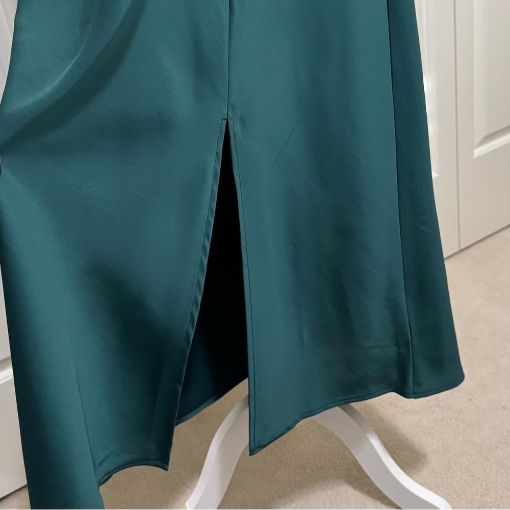A New Day Emerald Satin Slip Dress XL Bustier Seams Slit Midi - Picture 7 of 15